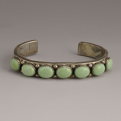 Will Denetdale Diné Stamped Sterling Silver Cuff with Matched Variscite Oval Cabochons