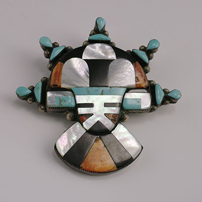 Vintage Zuni Mosaic Inlay Pin with Tabletta inlaind with turquoise, mother of pearl, spiney oyster and onyx