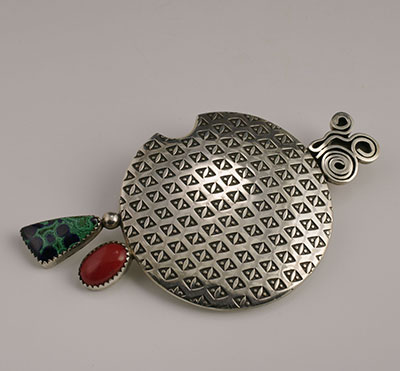 Norbert Peshlakai Navajo SIlver Stamped Pin Brooch with Green Malachite and Red Coral Cabochons