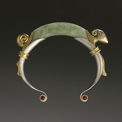 Green jade Ram bangle bracelet with18k gold and sterling silver