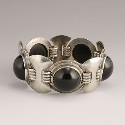 Fred Davis Silver Deco Bracelet with Obsidian Cabochons - for sale