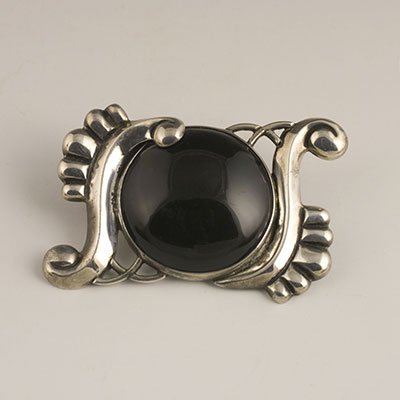 Fred Davis Large Silver S-curve pin brooch with Obsidian cabochon