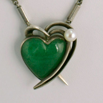 Antonio Pineda silver, jadeite, and pearl "Heart" necklaceAntonio Pineda silver green jadeite pearl heart pendant