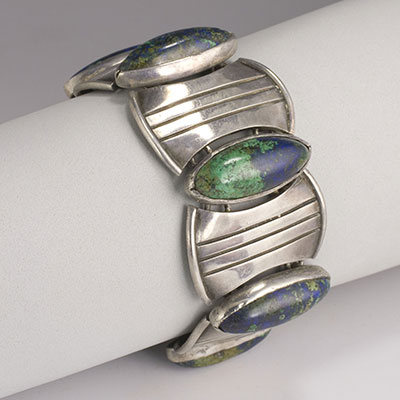 Vintage Mexican Silver Jewelry Hector Aguilar Circle & Lozenge Sterling Silver & Azure Malachite Bracelet