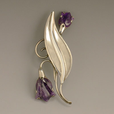 Fred Davis Sterling Silver and Carved Amethyst Tulip Pin