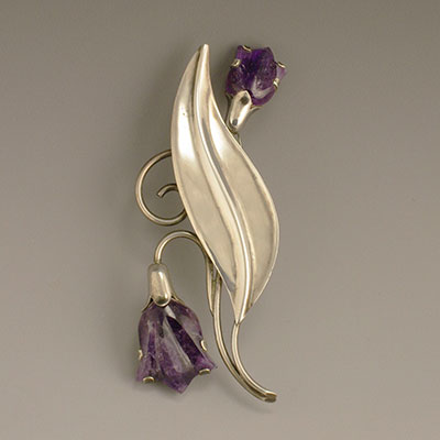 Fred Davis Large Silver and carved amethyst tulip pin brooch