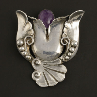 Vintage Mexican Silver jewelry Los Castillo Large Sterling Silver & Amethyst Floral Pin